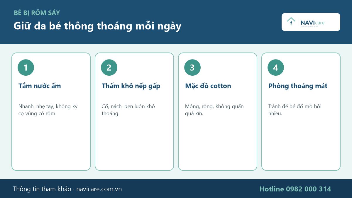Giữ da bé thông thoáng khi bị rôm sảy